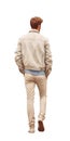 handsome young red haired man walking away with his hands in his pockets. Rear view. Transparent PNG file.