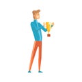 Handsome young sportsman holding winner trophy. Lucky guy. Cartoon male character in sport clothing with golden cup in
