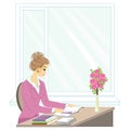 Handsome young teacher. The girl is sitting at the table near the window. A woman writes in a class journal. Vector illustration