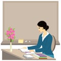 Handsome young teacher. The girl is sitting at the table near the window. A woman writes in a class journal. Vector illustration