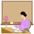 Handsome young teacher. The girl is sitting at the table near the window. A woman writes in a class journal. Vector illustration