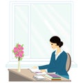 Handsome young teacher. The girl is sitting at the table near the window. A woman writes in a class journal. Vector illustration