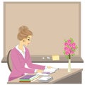 Handsome young teacher. The girl is sitting at the table near the window. A woman writes in a class journal. Vector illustration