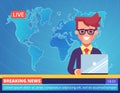 Handsome young tv newscaster man reporting breaking news sitting in a studio with world map on background. Vector. Royalty Free Stock Photo