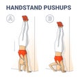 Handstand Push-Ups Exercise. Woman Home Workout Guidance.