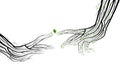 Handtwo human hand looks like tree branches on the wthie background, eco concept, eco product,