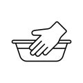 Handwash icon, delicate laundry. Linear emblem of hand and washbowl with water. Black simple illustration of washing mode of