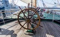 Handwheel of sailing ship `Pallada`. Sailing ship equipment, control and navigation tools. Russia, Vladivostok Royalty Free Stock Photo