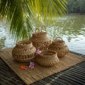 handwoven baskets and bambo Royalty Free Stock Photo