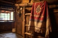 a handwoven towel hanging on an antique nail in a log cabin