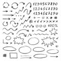 Handwrite elements on white background. Numbers, arrows, symbols and signs