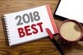 Handwriting Announcement text showing 2018 Best. Business concept for Choice Review Written on notepad note paper on wooden backgr Royalty Free Stock Photo