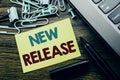 Handwriting Announcement text showing New Release . Business concept for Technology Software Update written on sticky note paper o Royalty Free Stock Photo