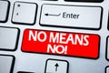 Handwriting Announcement text showing No Means No. Business concept for Stop Anti Slogan written on red key on the keybord ba