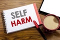 Handwriting Announcement text showing Self Harm. Business concept for Selfharm Mental Aggression Written on notepad note paper on