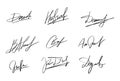 Handwriting Autograph set. Personal fictitious signature calligraphy lettering. Scrawl imaginary name for document Royalty Free Stock Photo