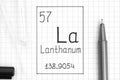 Handwriting chemical element Lanthanum La with black pen, test tube and pipette