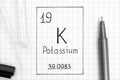 Handwriting chemical element Potassium K with black pen, test tube and pipette