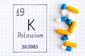 Handwriting chemical element Potassium K with pills