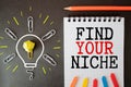 Handwriting of Find Your Niche word in notebook on the desk Royalty Free Stock Photo