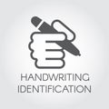 Handwriting identification flat icon. Hand holding pen and writing signature. Conclusion contract or authentication tech