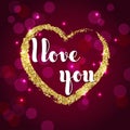 Handwriting inscription I love you and golden glitter heart on a burgundy background.