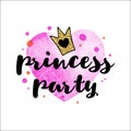 Handwriting inscription Princess party with a golden glitter crown on a pink watercolor heart.