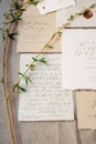 Handwriting letter, love message. Wedding vows, calligraphy cards and spring twigs, flat lay. Valentine`s day inspiration.