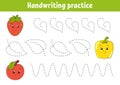 Handwriting pactice. Education developing worksheet. Activity page. Fruits and vegetables. Color game for children. Isolated