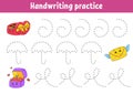 Handwriting pactice. Education developing worksheet. Activity page. Valentine`s Day. Color game for children. Isolated vector