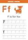 Handwriting practice with alphabet letter. Tracing F. Royalty Free Stock Photo