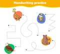 Handwriting practice sheet with vector illustration of cute animals. Giraffe owl eagle bear