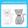 Handwriting practice. Draw lines and color the cat. Educational kids game, coloring sheet, printable worksheet. Vector