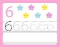 Handwriting practice. Learning numbers with cute characters. Number Six. Educational printable worksheet for kids and toddlers wit