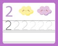 Handwriting practice. Learning numbers with cute characters. Number two. Educational printable worksheet for kids and toddlers wit