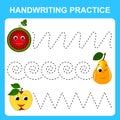 Handwriting practice sheet. Basic letter. Educational game for children. Cartoon fruits. Line tracing, spiral and zigzag. Vector Royalty Free Stock Photo