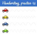Handwriting practice sheet with cars. Train basic writing skills. Educational game Royalty Free Stock Photo