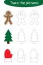 Handwriting practice sheet, christmas, trace the pictures - gingerbread, tree, mitten, kids preschool activity