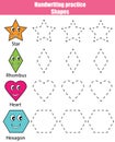 Handwriting practice sheet. Educational children game, kids activity. Learning shapes, printable worksheet