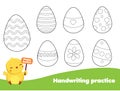 Handwriting practice sheet. Educational children game. Preschool Tracing for kids. Draw Easter eggs activity for toddlers