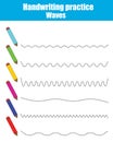 Handwriting practice sheet. Educational children game. Printable worksheet, drawing waves