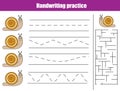 Handwriting practice sheet. Educational children game, printable worksheet for kids Royalty Free Stock Photo