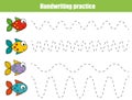 Handwriting practice sheet. Educational children game, printable worksheet for kids with wavy lines and fish