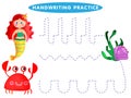 Handwriting practice sheet Educational children game, restore the dashed line. The Theme Of Mermaids vector illustration