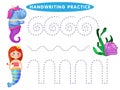 Handwriting practice sheet Educational children game, restore the dashed line. The Theme Of Mermaids vector illustration