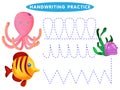 Handwriting practice sheet Educational children game, restore the dashed line. The Theme Of Mermaids vector illustration
