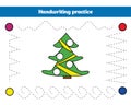 Handwriting practice sheet. Educational children game, restore the dashed line. Writing training printable Christmas Xmas and New
