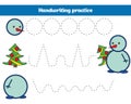 Handwriting practice sheet. Educational children game, restore the dashed line. Writing training printable Christmas Xmas and New