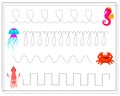 Handwriting practice sheet. Educational children game restore the dotted line. sea animals crab jellyfish squid seahorse