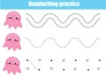Handwriting practice sheet. Educational children game. Tracing lines with cute octopus. early education worksheet for kids